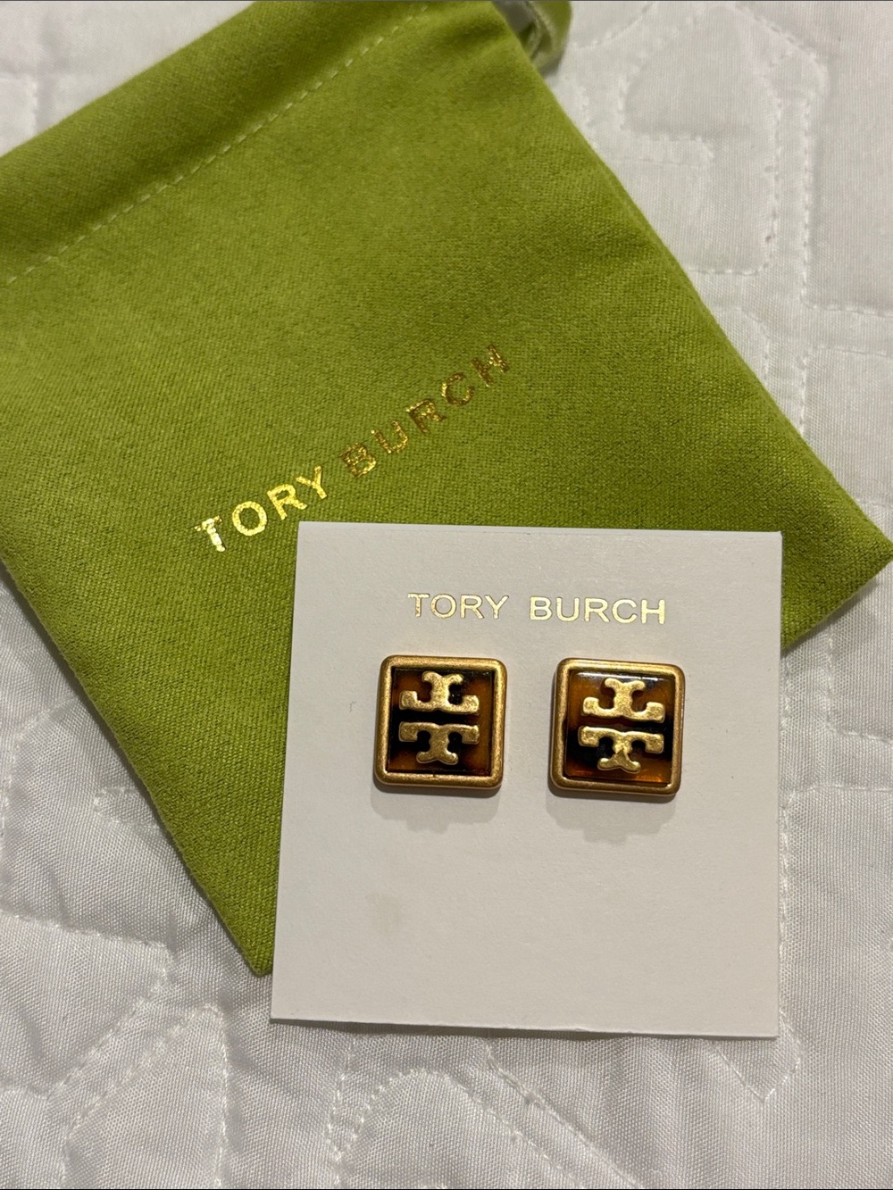 Tory Burch Square Logo Stud Earrings Brown Gold